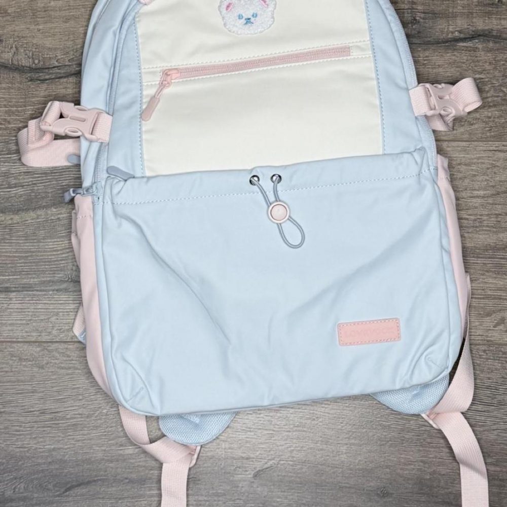 Cute backpack that is light blue and cream with pink accents. There is a cute be
